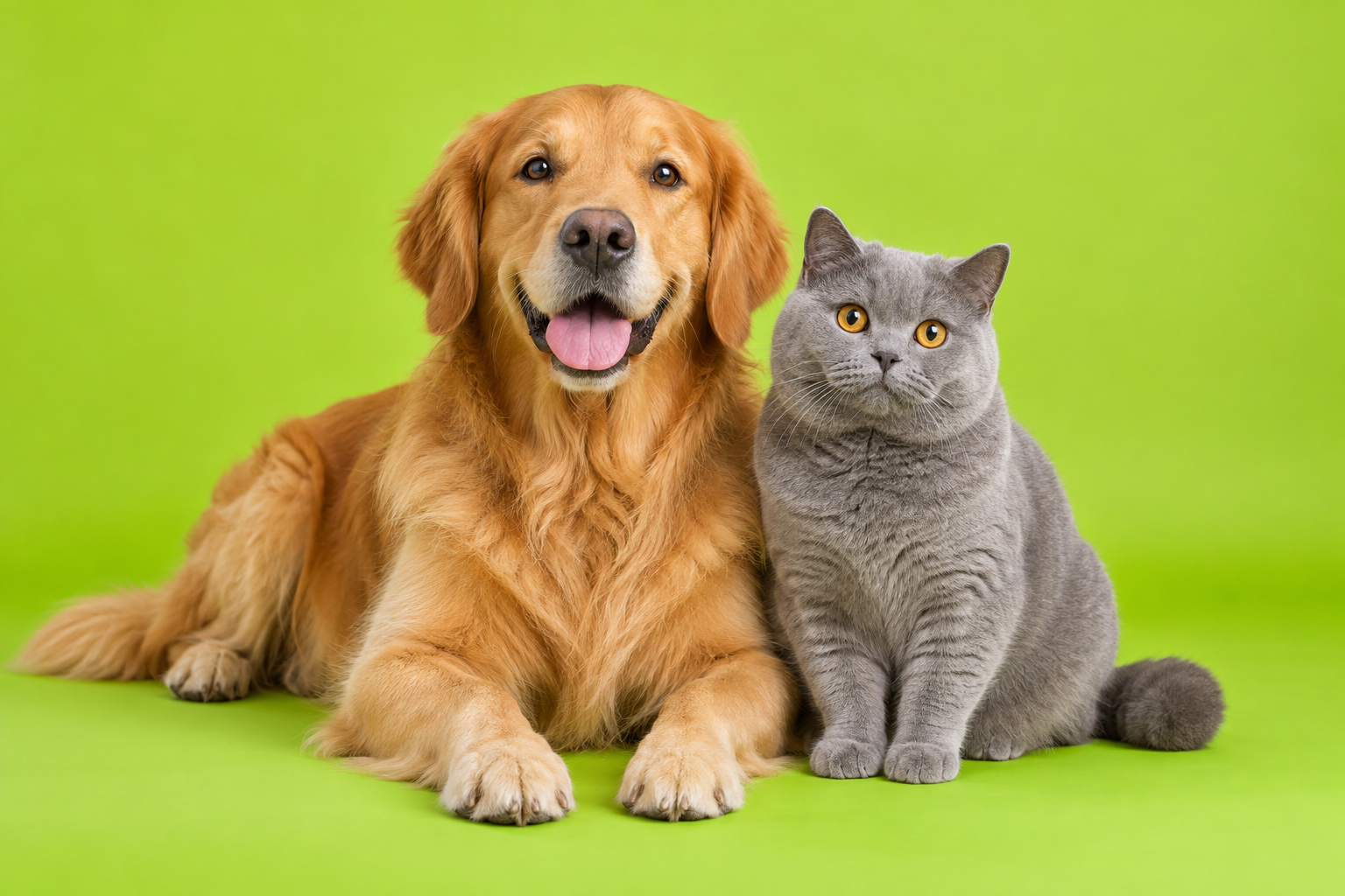 Um cão golden retriever e um gato juntos